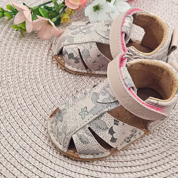 Sandale fete, barefoot, primii pasi, piele naturala, talpa flexibila, inchidere cu scai, roz pictat_RO-100-15-21_Pebebe