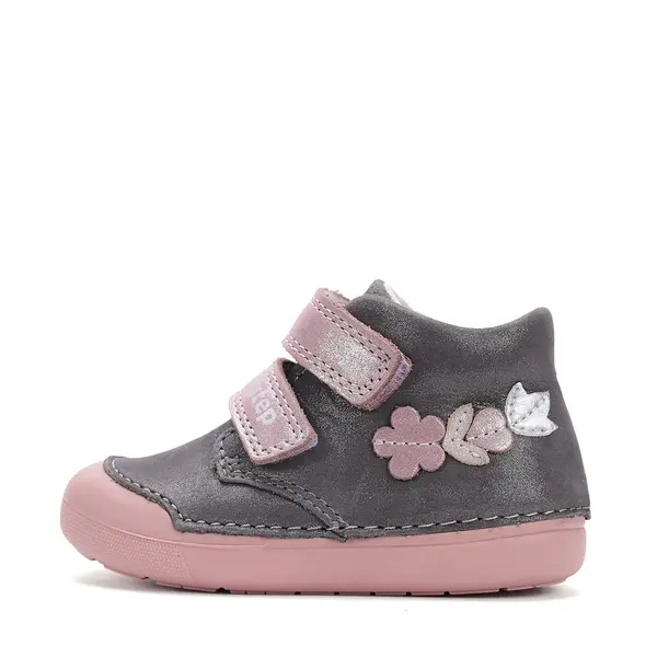 Pantofi D.D. Step fete, piele naturala, primii pasi, talpa felxibila, gri cu barete roz, floricele_S066-52737B-25_Pebebe