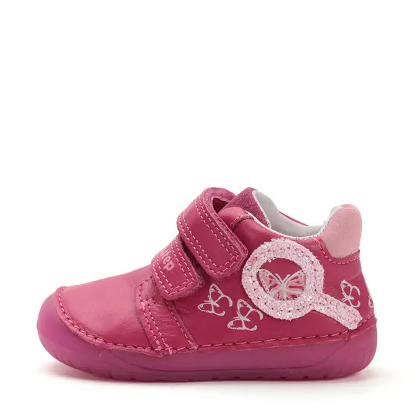 Pantofi D.D Step fete, barefoot, primii pasi, piele naturala, talpa fluorescenta, roz inchis, fluturi_S070-52838A-20_Pebebe
