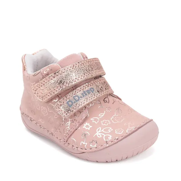 Pantofi D.D Step fete, primii pasi, piele naturala, barefoot, roz deschis, imprimeu flori_S070-52724-24_Pebebe