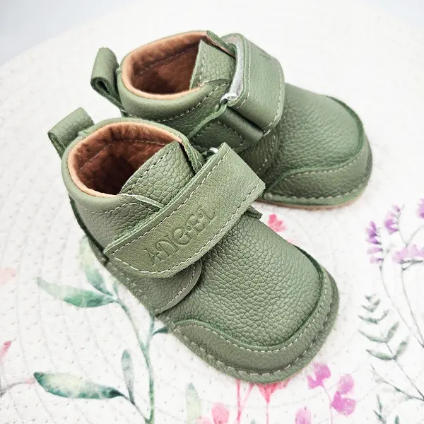 Pantofi copii, piele naturala, barefoot, primii pasi, talpa flexibila, culoare verde, Smiley_RO-500-6-17_Pebebe