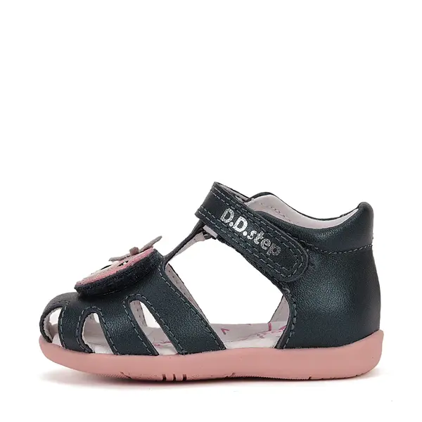 Sandale D.D. Step Copii, piele naturala, talpa flexibila, bleumarin talpa roz,ursulet_G075-51284CM-28_Pebebe