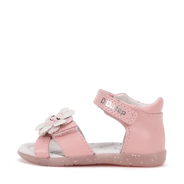 Sandale D.D Step fete, piele naturala, talpa felxibila, roz cu floare_G075-51813A-24_Pebebe