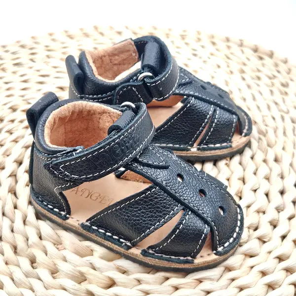 Sandale copii, barefoot, primii pasi, piele naturala, talpa flexibila, inchidere cu scai, negru_RO-100-16-24_Pebebe