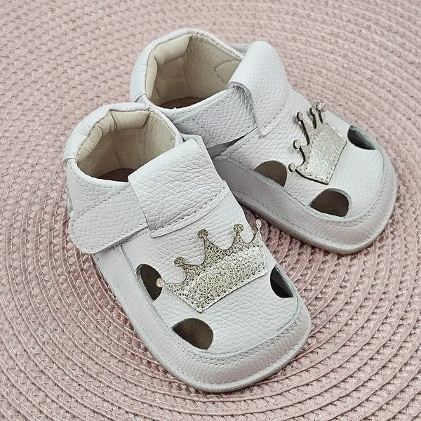 Sandale copii Barefoot primi pasi, talpă flexibilă de cauciuc, perforatii  laterale, coronita, alb_RO-20-16-24_Pebebe