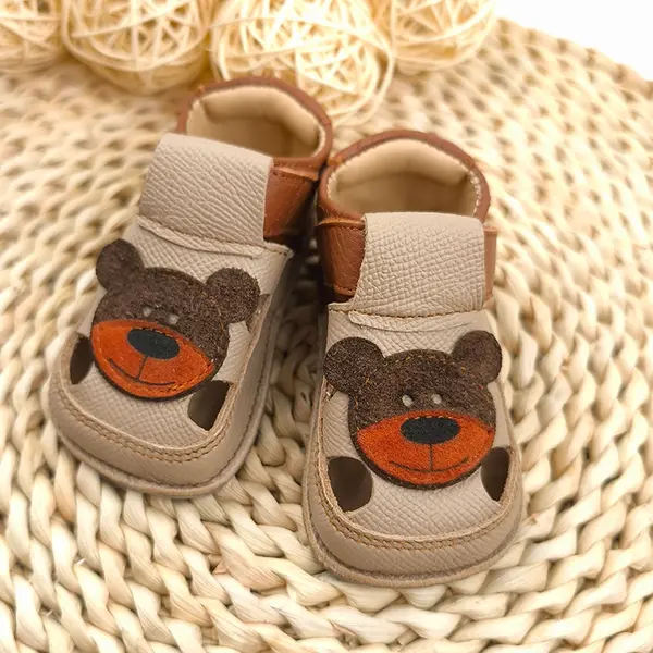 Sandale copii Barefoot primi pasi, talpă flexibilă de cauciuc, perforatii  laterale, urs, bej_RO-20-2-22_Pebebe