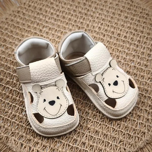 Sandale primi pasi cu scai, talpă flexibilă de cauciuc, perforatii  laterale, urs, crem_RO-20-9-24_Pebebe