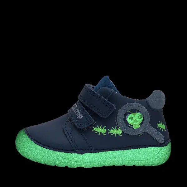 Pantofi D.D. Step baieti, piele naturala, barefoot, primii pasi, talpa fluorescenta, albastru inchis, furnicute_S070-52576-20_Pebebe