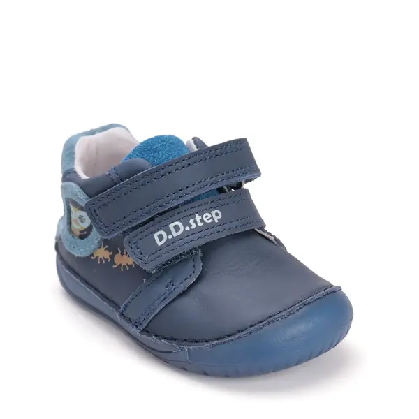 Pantofi D.D. Step baieti, piele naturala, barefoot, primii pasi, talpa fluorescenta, albastru inchis, furnicute_S070-52576-20_Pebebe