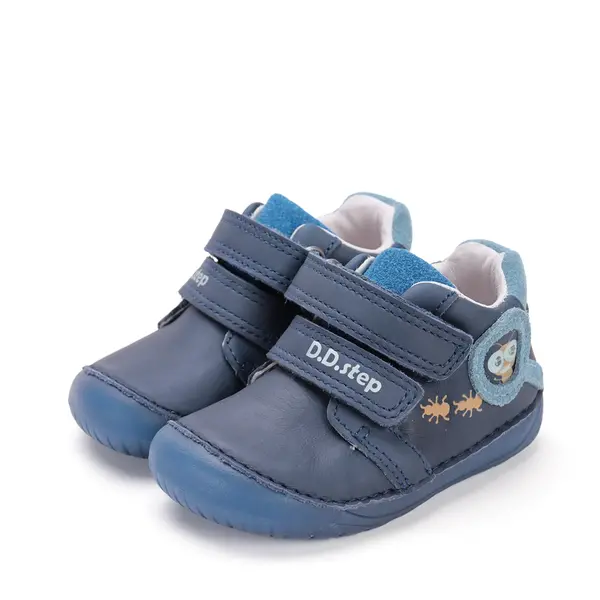 Pantofi D.D. Step baieti, piele naturala, barefoot, primii pasi, talpa fluorescenta, albastru inchis, furnicute_S070-52576-20_Pebebe