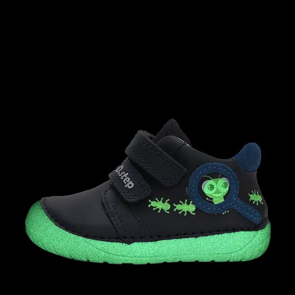Pantofi D.D. Step baieti, piele naturala, barefoot, primii pasi, talpa fluorescenta, bleumarin, furnicute_S070-52576A-20_Pebebe