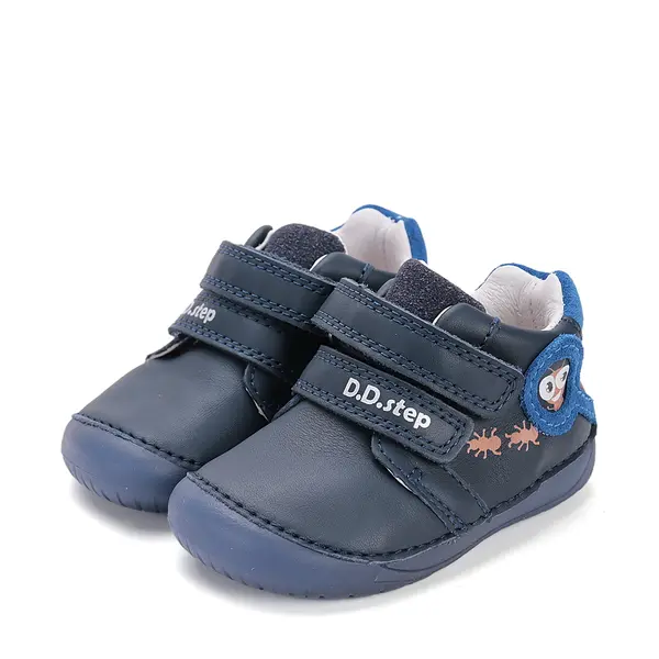 Pantofi D.D. Step baieti, piele naturala, barefoot, primii pasi, talpa fluorescenta, bleumarin, furnicute_S070-52576A-20_Pebebe
