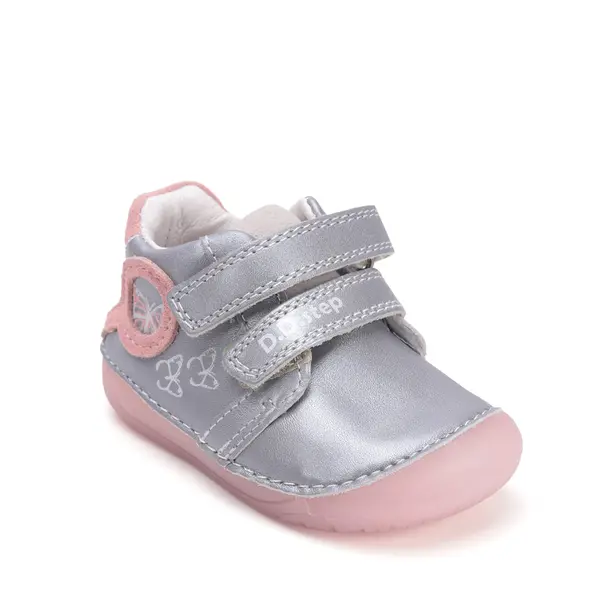 Pantofi D.D Step fete, barefoot, primii pasi,talpa fluorescenta, piele naturala, argintiu, fluturi_S070-52838-22_Pebebe