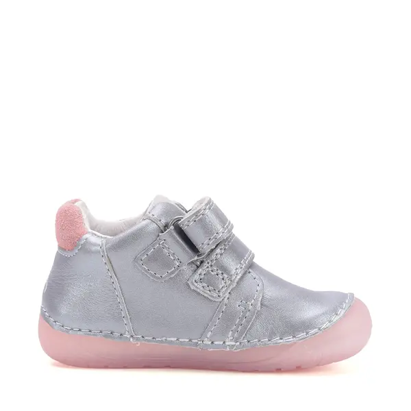 Pantofi D.D Step fete, barefoot, primii pasi,talpa fluorescenta, piele naturala, argintiu, fluturi_S070-52838-22_Pebebe