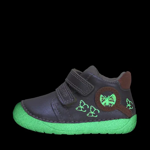 Pantofi D.D Step fete, barefoot, primii pasi,talpa fluorescenta, piele naturala, argintiu, fluturi_S070-52838-22_Pebebe
