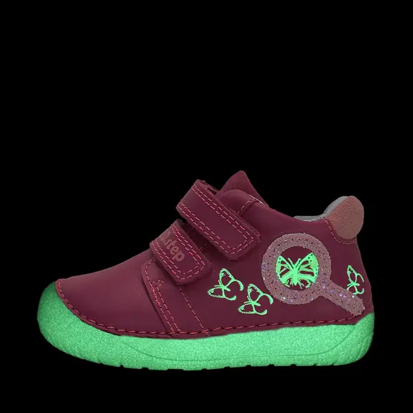 Pantofi D.D Step fete, barefoot, primii pasi, piele naturala, talpa fluorescenta, roz inchis, fluturi_S070-52838A-20_Pebebe