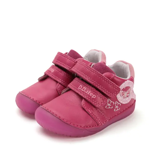 Pantofi D.D Step fete, barefoot, primii pasi, piele naturala, talpa fluorescenta, roz inchis, fluturi_S070-52838A-20_Pebebe