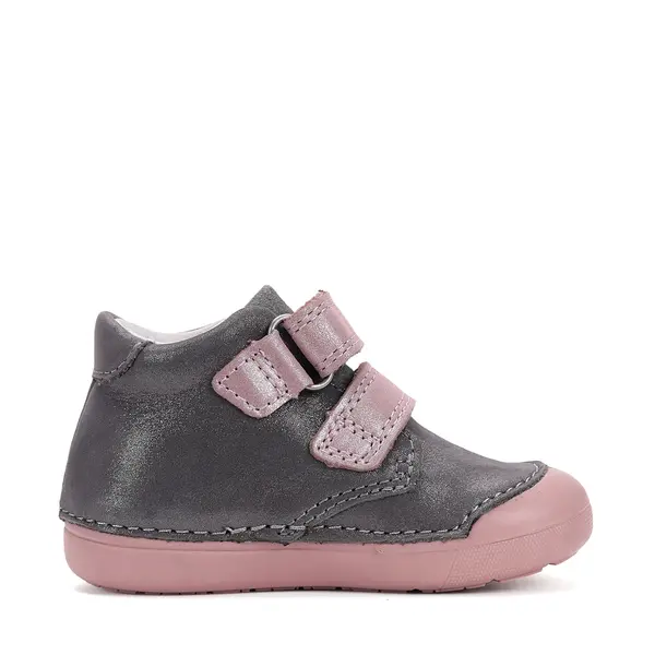 Pantofi D.D. Step fete, piele naturala, primii pasi, talpa felxibila, gri cu barete roz, floricele_S066-52737B-25_Pebebe