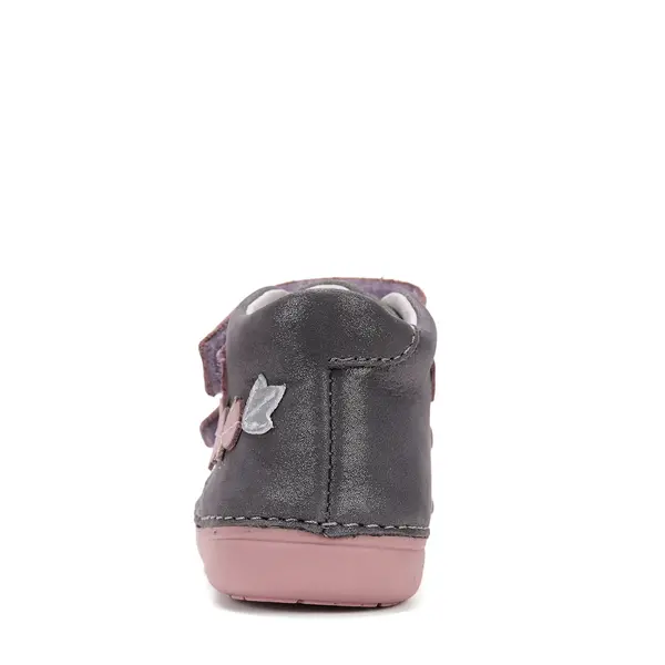 Pantofi D.D. Step fete, piele naturala, primii pasi, talpa felxibila, gri cu barete roz, floricele_S066-52737B-25_Pebebe
