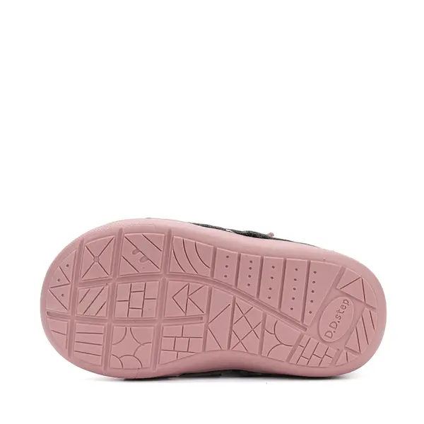 Pantofi D.D. Step fete, piele naturala, primii pasi, talpa felxibila, gri cu barete roz, floricele_S066-52737B-25_Pebebe