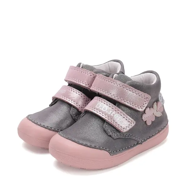 Pantofi D.D. Step fete, piele naturala, primii pasi, talpa felxibila, gri cu barete roz, floricele_S066-52737B-25_Pebebe