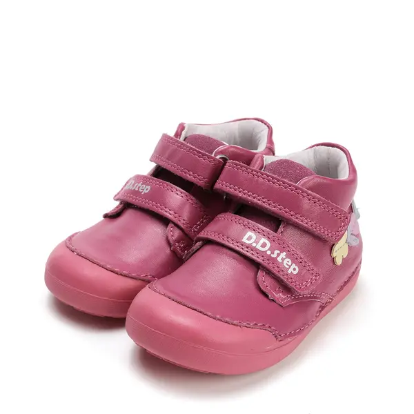 Pantofi D.D. Step fete, piele naturala, primii pasi, talpa felxibila, roz inchis, floricele_S066-52737-20_Pebebe