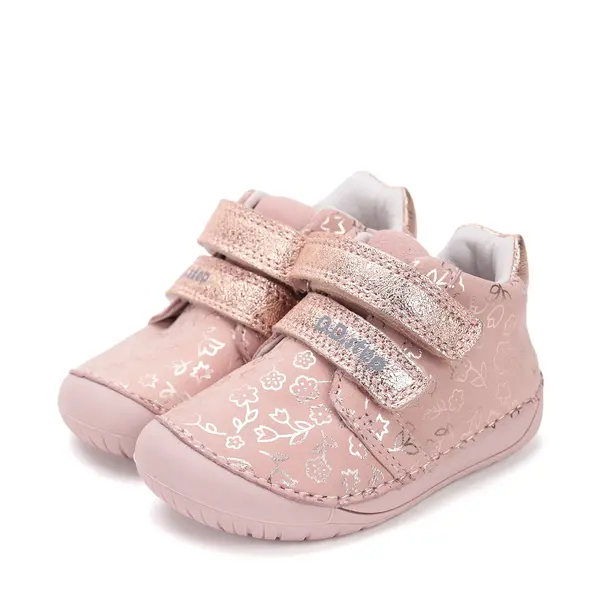 Pantofi D.D Step fete, primii pasi, piele naturala, barefoot, roz deschis, imprimeu flori_S070-52724-24_Pebebe