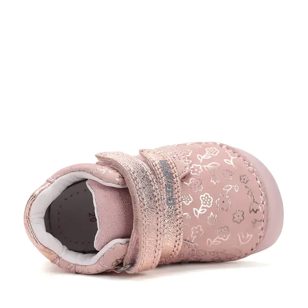 Pantofi D.D Step fete, primii pasi, piele naturala, barefoot, roz deschis, imprimeu flori_S070-52724-24_Pebebe