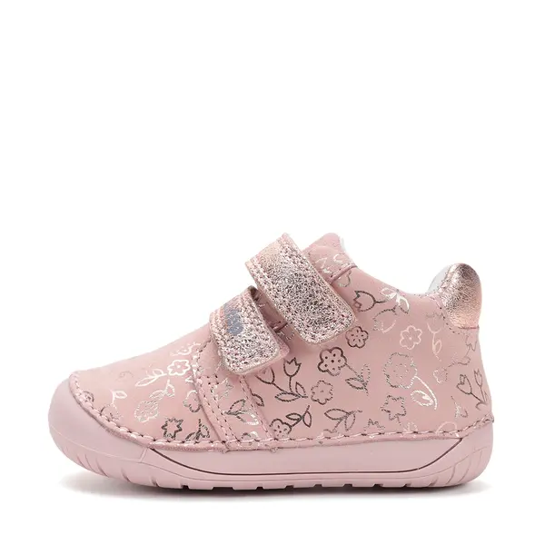 Pantofi D.D Step fete, primii pasi, piele naturala, barefoot, roz deschis, imprimeu flori_S070-52724-24_Pebebe