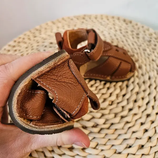 Sandale copii, barefoot, primii pasi, piele naturala, talpa flexibila, inchidere cu scai, teracota_RO-103-15-17_Pebebe