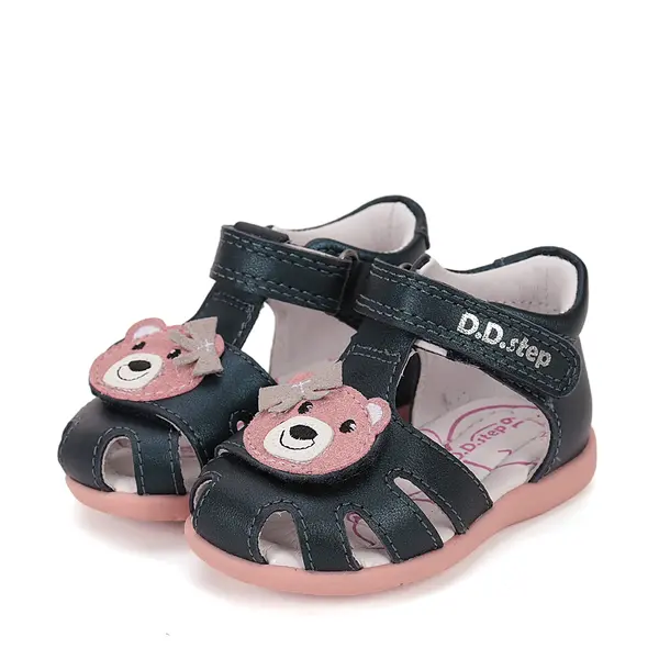 Sandale D.D. Step Copii, piele naturala, talpa flexibila, bleumarin talpa roz,ursulet_G075-51284CM-28_Pebebe