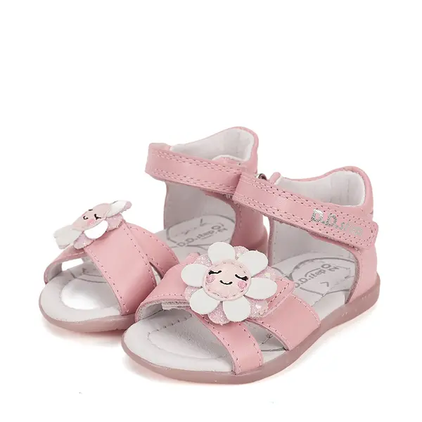 Sandale D.D Step fete, piele naturala, talpa felxibila, roz cu floare_G075-51813A-24_Pebebe