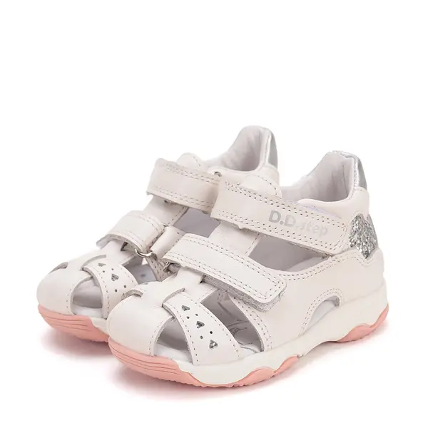 Sandale fete, piele naturala, alb, inimioare, D.D. Step_G064-51872C-24_Pebebe