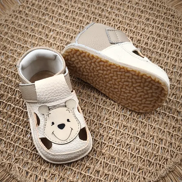 Sandale primi pasi cu scai, talpă flexibilă de cauciuc, perforatii  laterale, urs, crem_RO-20-9-24_Pebebe