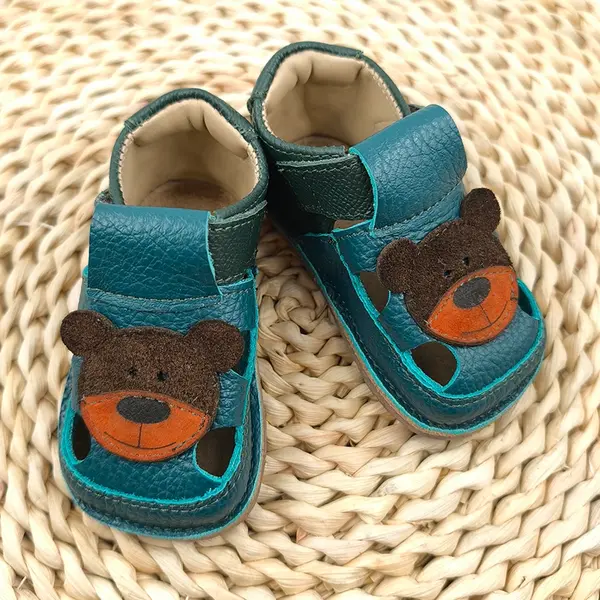 Sandale primi pasi cu scai, talpă flexibilă de cauciuc, perforatii  laterale, urs, verde turcoaz_RO-20-7-24_Pebebe
