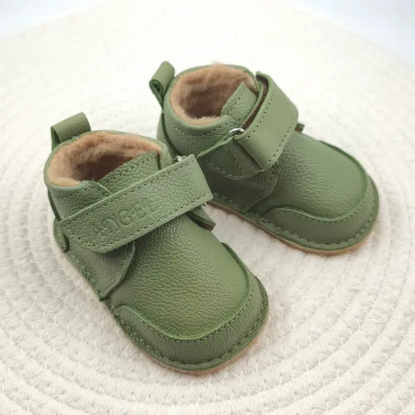 Ghete barefoot pentru copii, primii pasi, piele naturala, captuseala din blana, talpa flexibila, verde, Smiley_RO-600-6-23_Pebebe