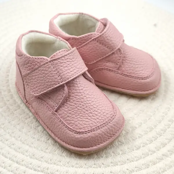 Ghete barefoot copii, din piele naturala cu scai, captuseala textila si talpa din cauciuc, roz_RO-17-15-23_Pebebe
