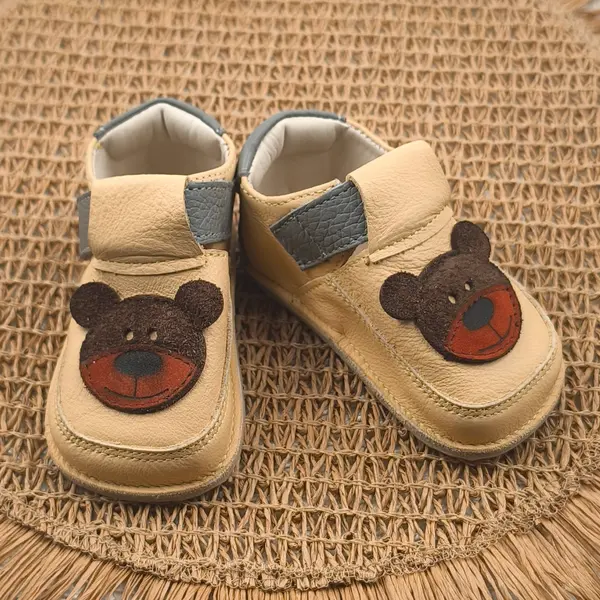 Pantofi barefoot copii primii pași din piele naturală cu talpă flexibilă – galben cu model ursulet_RO-16-23-21_Pebebe
