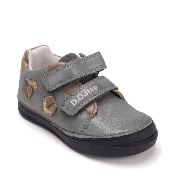 Pantofi din piele naturala, talpa flexibila, D.D Step fete, gri sidef cu inimioare_S040-52547M-25_Pebebe