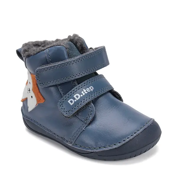 Ghete Barefoot baieti, D.D Step, piele naturala, captuseala din blana, albastru, pisica_W070-52301-20_Pebebe
