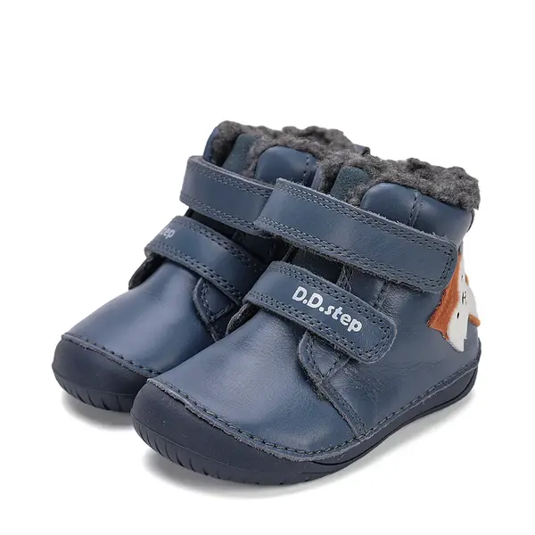 Ghete Barefoot baieti, D.D Step, piele naturala, captuseala din blana, albastru, pisica_W070-52301-20_Pebebe