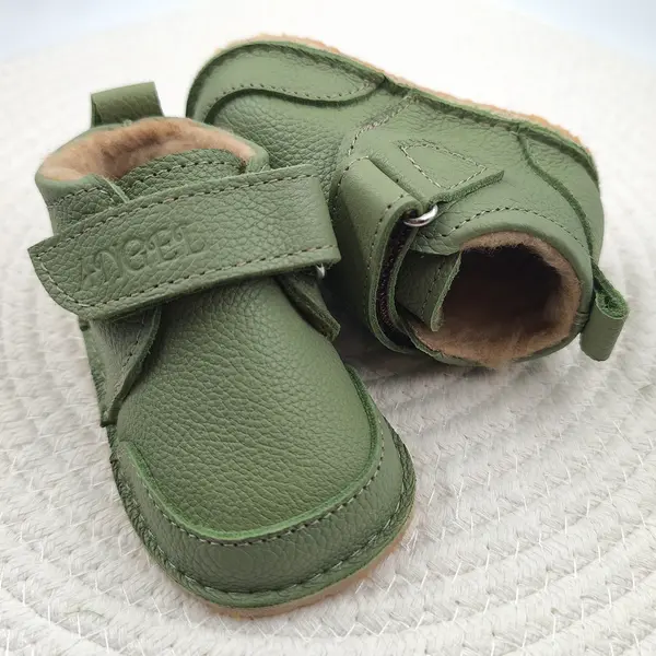 Ghete barefoot pentru copii, primii pasi, piele naturala, captuseala din blana, talpa flexibila, verde, Smiley_RO-600-6-23_Pebebe