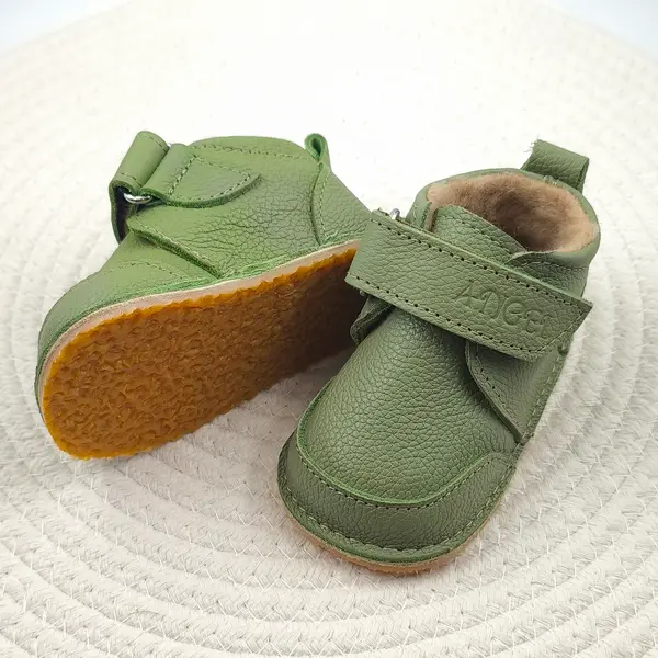 Ghete barefoot pentru copii, primii pasi, piele naturala, captuseala din blana, talpa flexibila, verde, Smiley_RO-600-6-23_Pebebe