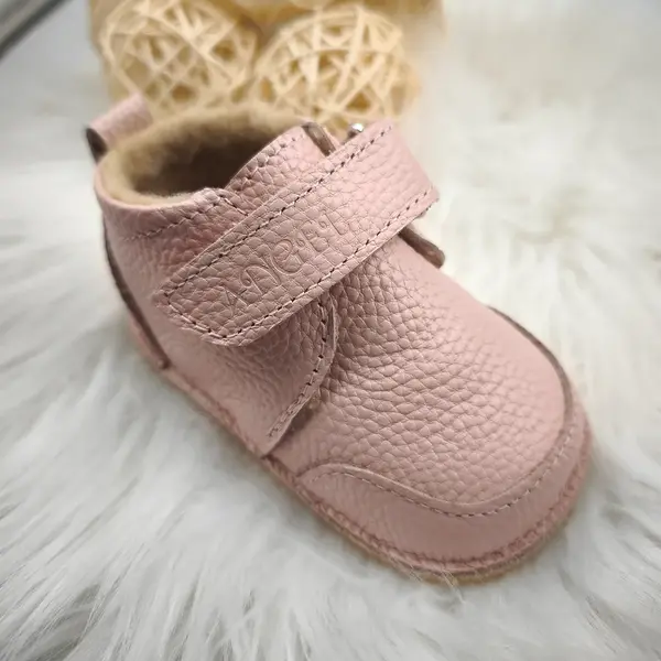 Ghete barefoot pentru copii, primii pasi, piele naturala, captuseala din blana, talpa flexibila, roz, Smiley_RO-600-3-22_Pebebe