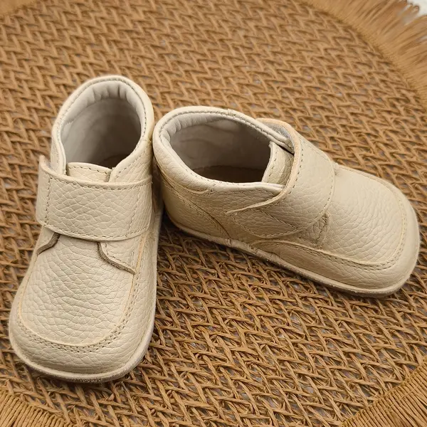 Ghete barefoot din piele naturala pentru copii, primii pasi, inchidere cu scai si talpa din flexibila, crem_RO-14-8-24_Pebebe
