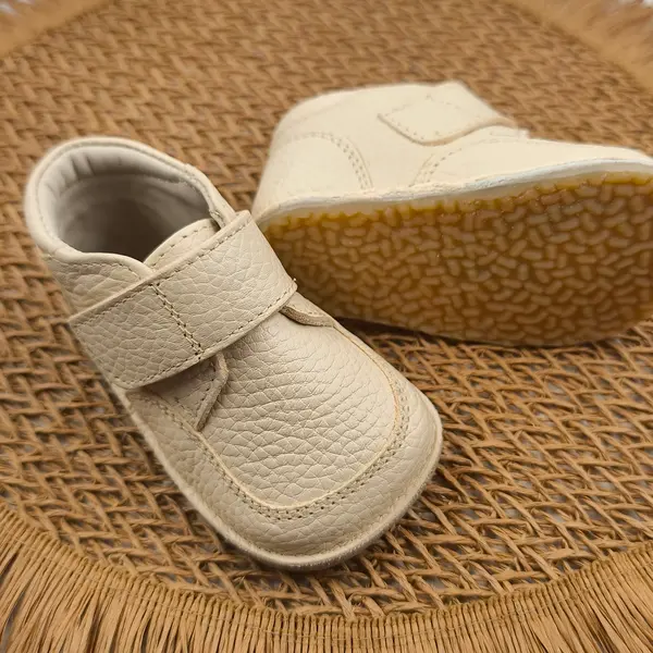 Ghete barefoot din piele naturala pentru copii, primii pasi, inchidere cu scai si talpa din flexibila, crem_RO-14-8-24_Pebebe