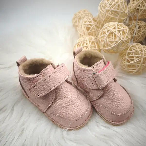 Ghete barefoot pentru copii, primii pasi, piele naturala, captuseala din blana, talpa flexibila, roz, Smiley_RO-600-3-17_Pebebe
