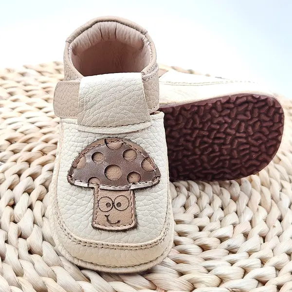 Pantofi barefoot copii primii pași din piele naturală cu talpă flexibilă – crem cu model cipercă_RO-16-24-21_Pebebe