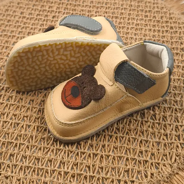 Pantofi barefoot copii primii pași din piele naturală cu talpă flexibilă – galben cu model ursulet_RO-16-23-21_Pebebe