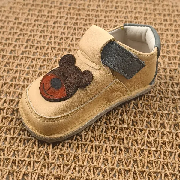 Pantofi barefoot copii primii pași din piele naturală cu talpă flexibilă – galben cu model ursulet_RO-16-23-21_Pebebe